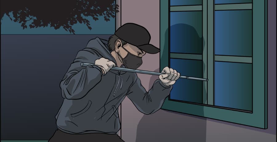 Illustration of burglar forcing entry through a window in Kalamazoo